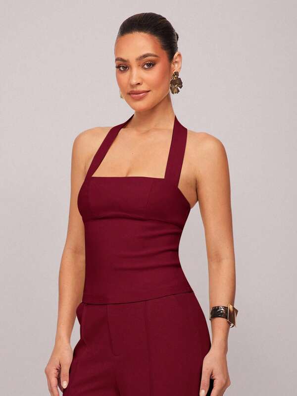 Silquee Camiseta de mujer de unicolor con cuello de halter ajustado