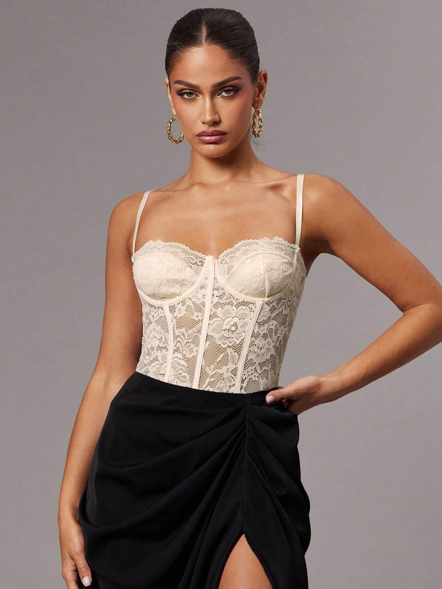 Silquee 红色性感蕾丝紧身衣，蕾丝拼布细肩带迷人透视紧身长袖紧身衣，适合日常穿着、约会之夜、外出 - 杏色 - 查看 1