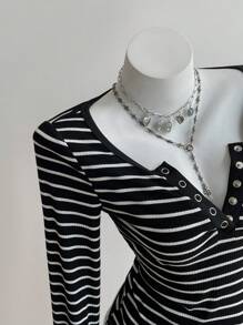 Elamini Áo thun cổ tròn tay dài ôm sát, vải sọc đen trắng, không cổ, khóa kéo nửa, cài nút, thiết kế tối giản, phong cách đường phố thường ngày, trang phục cổ điển, đa năng cho phụ nữ vào mùa xuân/thu - Đen và trắng - Xem 6