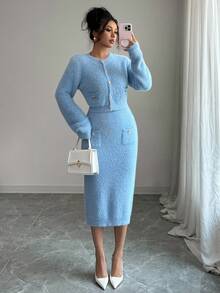 Elenzga Femei toamna/iarna nou guler rotund mânecă lungă scurt blană artificială de nurcă buzunar moale nasture metalic design high-end elegant cardigan tricotat fustă set 2 piese