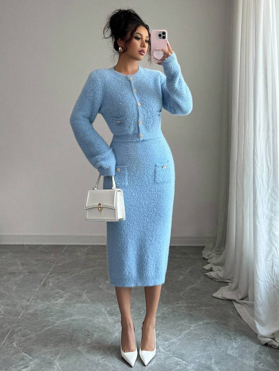 Elenzga Femei toamna/iarna nou guler rotund mânecă lungă scurt blană artificială de nurcă buzunar moale nasture metalic design high-end elegant cardigan tricotat fustă set 2 piese