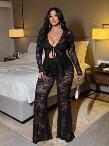 NU&NOW 加大码长袖蕾丝边优雅性感两件套 - 黑色 - 查看 4