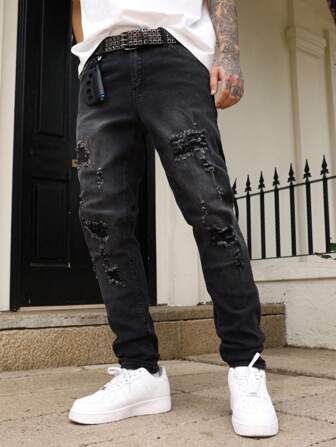 Manfinity Roughcore Plus Size Men's Black Distressed Patch Skinny Stretch Jeans Jean Joggers Men Halloween All Saints' Day, Grunge