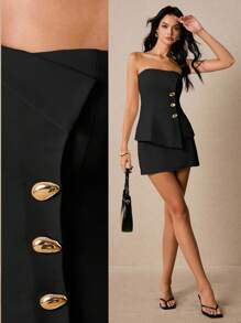 Poéselle Bộ đồ hai mảnh nữ cài nút kim loại, cổ áo bất đối xứng, váy thanh lịch, áo ống cài nút kim loại và chân váy cơ bản 2 món/bộ, áo nịt ngực màu trơn và chân váy ngắn, bộ đồ hai mảnh cho nữ, trang phục sinh nhật cho nữ, bộ trang phục cho nữ, bộ đồ hai mảnh, váy, trang phục hai mảnh mùa hè, trang phục hòa nhạc đồng quê, trang phục dạo phố, trang phục đi chơi cho nữ - màu đen - Xem 2