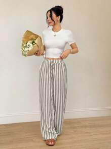 SHEIN PETITE 女式度假休闲条纹直筒裤 - 卡其色 - 查看 7