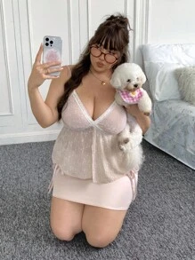 SHEIN EZwear Plus Size Contrast Color Spaghetti Strap Lace Patchwork Sleeveless Summer Camisole Babydoll Camisole Pink Lace Camisole Embroidered Camisole