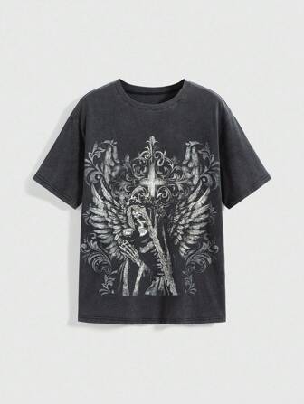 Grunge Punk T-shirt larga da donna in tessuto soffice e consumato con stampa divertente di gatti, adatta per Ognissanti