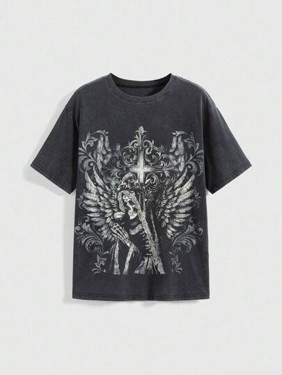 Grunge Punk Distressed Washed Fluffy Fabric Funny Cat Print Loose Women T-Shirt, Halloween