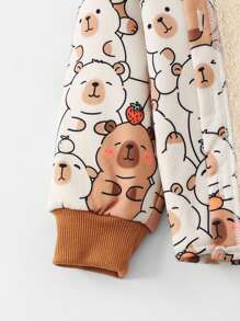 SHEIN 年轻女孩可爱猫咪印花保暖内衬连帽轻便夹克，保暖内衬设计有效锁住热量，提供温暖的穿着体验，特别适合秋冬季节 - 卡其色 - 查看 4