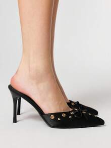 ROMWE Grunge Punk Black Pointed Toe Bowknot Decor High Heel Pumps For Women, Elegant Style, Spring/Summer - Black - View 4
