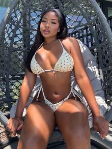 Alexandranx Bộ bikini buộc dây phía trước họa tiết chấm bi Springbreak dành cho nữ, họa tiết ngẫu nhiên - Màu vàng - Xem 4