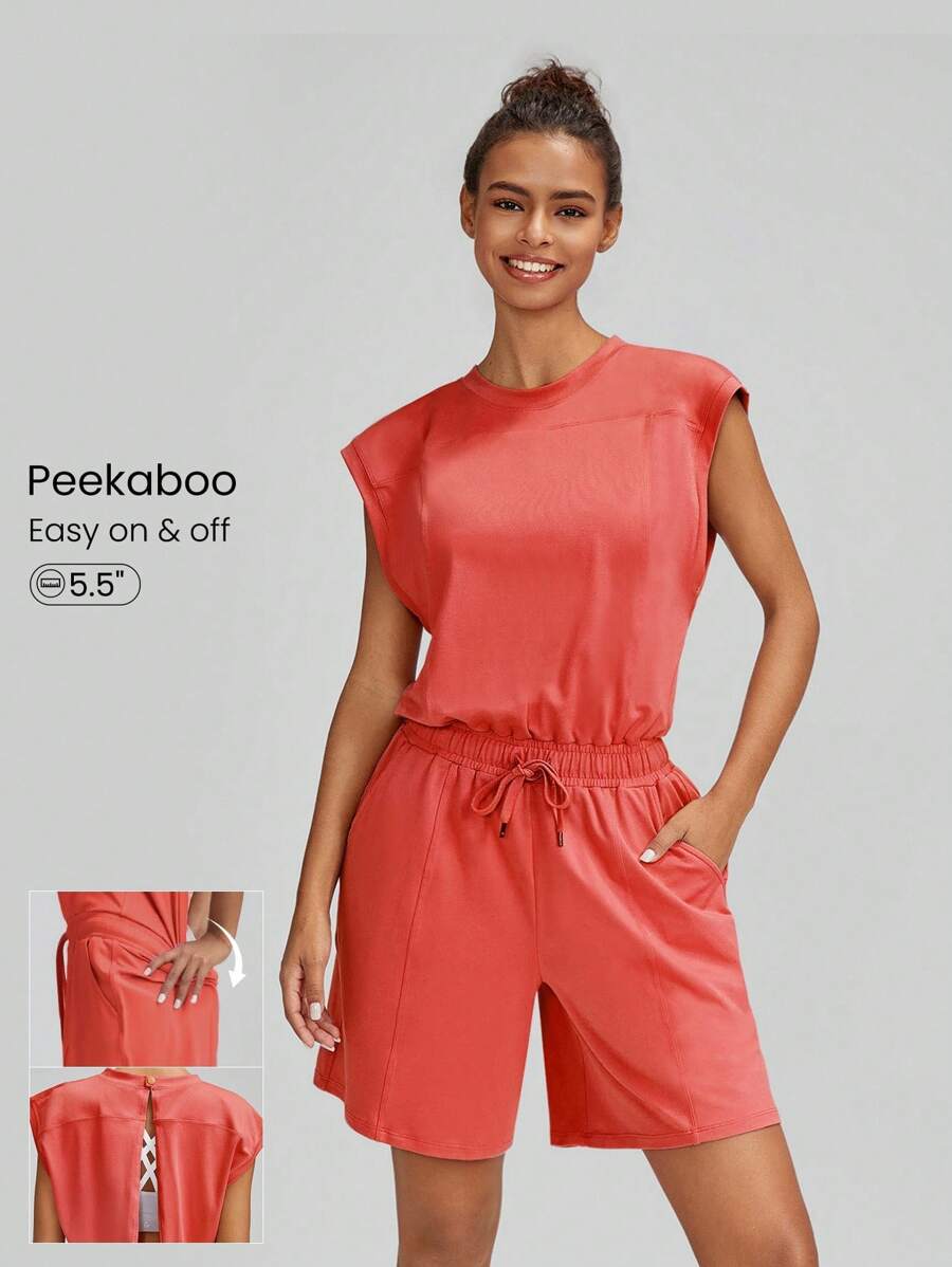 GLOWMODE Cloudknit Peekaboo Cut-Out Drawstring Jumpsuit With Side Pockets Daily - Orange - View 1