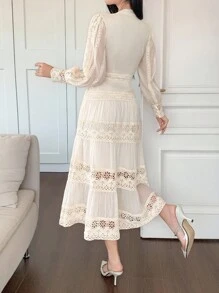 DAZY Women's Elegant Lace Round Neck Puff Sleeve Mid-Length Dress, Autumn,Fall Women Clothes Maxi Dress - Apricot - View 2