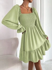 Chiquease Square Neck Shirred Bodice Flounce Sleeve Ruffle Hem Dress Fall Cloth For Women - Mint Green - View 6
