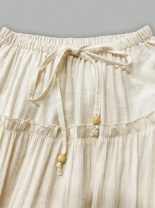 LanaWest Women's Spring/Summer Western Style Brown Suede Boho Deer Skin Tight Fit Cinched Waist Top Women's Spring/Summer Boho Vacation Apricot Textured Peach Blossom Ruffle Hem Wood Bead Decor Elastic Waist Skirt (With Lining) - Multicolor - View 4