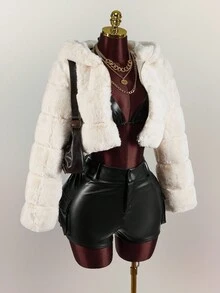 Amplova Women's Solid Color Cropped Hooded Faux Fur Jacket, Winter Faux Fur Coat,Fall - White - View 10