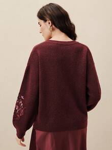 Anewsta French Elegant Dignified Floral Sequin Embroidered V-Neck Sweater - Burgundy - View 3