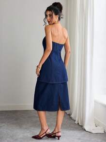 Selianne Women's Front Button Bandeau Top And Denim Skirt 2-Piece Set - Blue - View 2