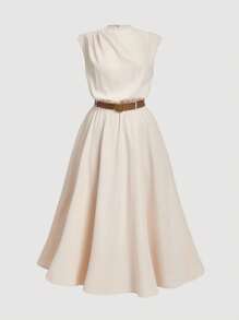 SHEIN MOD Plus Size Women Solid Color Sleeveless Elegant Casual Dress (With Belt) Cream Dress,Wedding Guest Dress Women