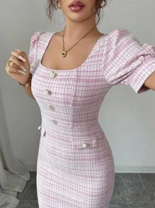 Elenzga 泡泡袖方领收腰紧身优雅浪漫女士连衣裙 - 彩色 - 查看 4