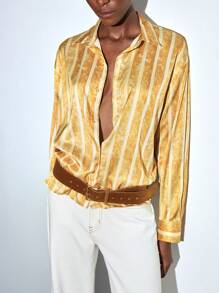 Maija 女士条纹长袖单排扣休闲条纹衬衫，百搭，适合休闲、正式、秋季、约会、夜间外出、教师、万圣节 - 黃色 - 查看 1