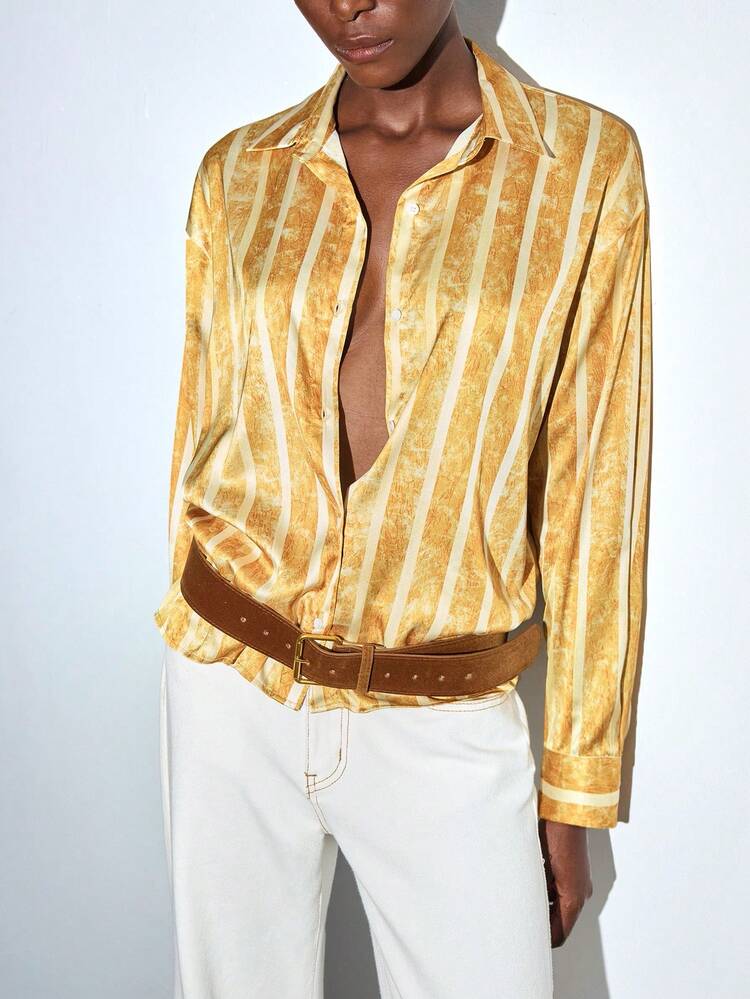 SHEIN Maija Women's Striped Long Sleeve Single-Breasted Casual Striped Shirt, Versatile And Suitable For Casual, Formal, Autumn, Dating, Night Out, Teacher,Halloween