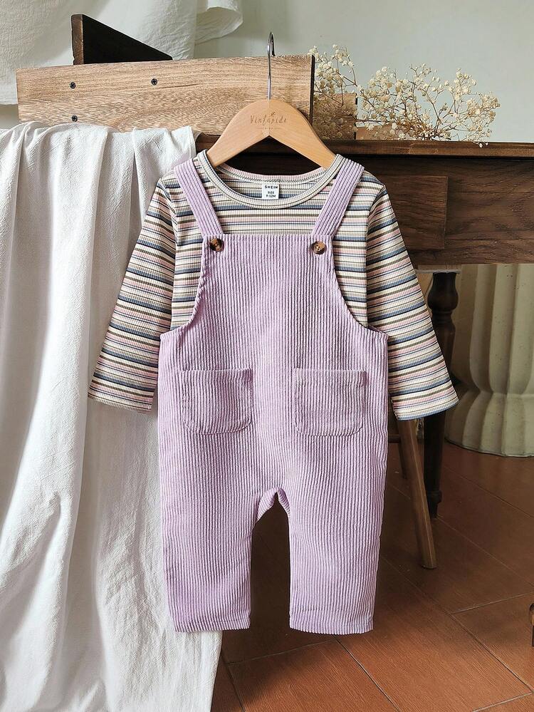 Vintaside Kids 女婴秋季圆领长袖条纹上衣搭配灯芯绒休闲连体裤套装，舒适保暖，适合温和天气穿着 - 彩色 - 查看 3