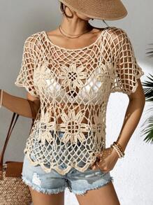 Swim Lushoire 女士手工钩编短袖沙滩罩衫 - 杏色 - 查看 1