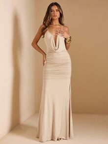 SHEIN BAE Women's Solid Green Spaghetti Strap Ruched Waist Open Back Dress, Suitable For Party, Vacation, Banquet, Wedding, Night Out, Romantic Date, Summer,Fall Wedding Guest Dress - Apricot - View 5