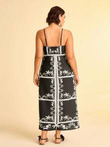 CAJUNI Plus Size Women's Vacation Casual Beach Spaghetti Strap Dress, Boho Vintage Print, Long Black Maxi Dress