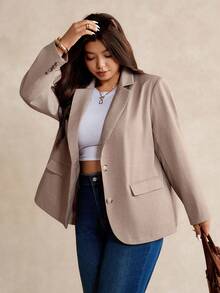Elaquor Plus Size Casual Everyday Commute Solid Color Notched Collar Double Pocket Blazer In Fall/Winter - Apricot - View 7