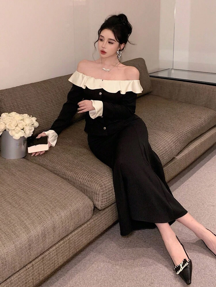 2pcs Women's Contrast Color Splicing Off-Shoulder Top And Fish Tail Skirt Set, Elegant Urban Casual Lady Outfit