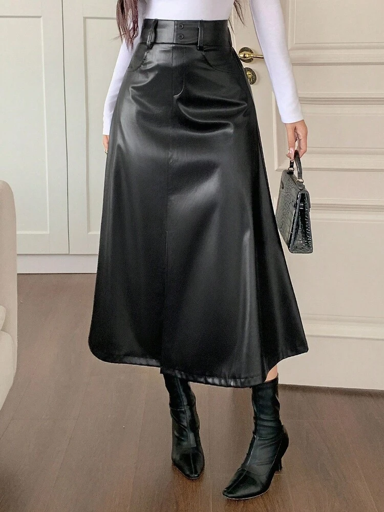 Women's High Waist Slit A-Line Skirt, PU Leather Long Elegant Skirt Fall,Winter