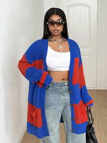 Maweii Plus Size Women Contrast Color Casual Loose Striped Pocket Open Front Cardigan Sweater Fall Winter Cloth For Women Autumn - Blue - View 5