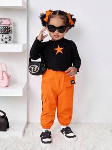 Bubblio Babygirl Cute Black Star Pattern Long Sleeve Top With Elastic Waist Orange Pants 2-Piece Set, Fashionable Outfit For Outings, Autumn/Winter Toddler Orange Outfit Baby 70s Outfit Groovy Toddler Outfit Toddler Black Top Orange Pants Baby Girl Outfits Fall - Multicolor - View 11