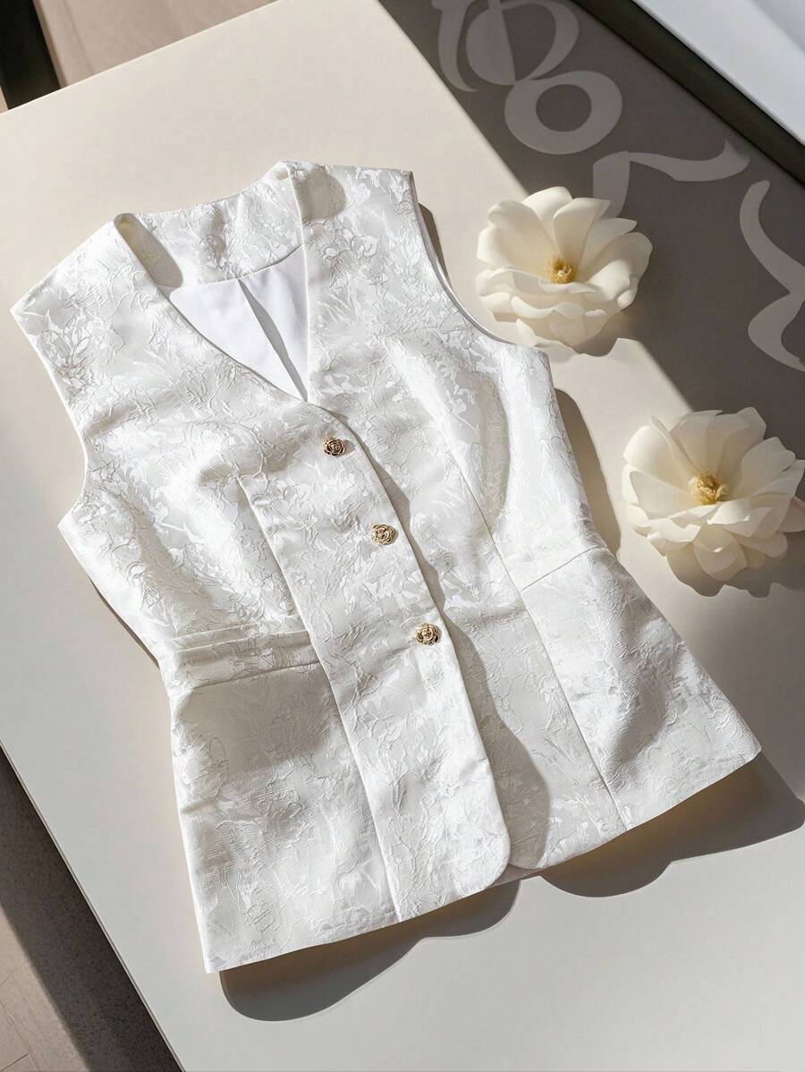 Franclia Vest vest nữ không tay thường xuyên jacquard - trắng - Xem 1