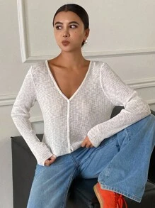 DAZY Women's Casual V-Neck Ribbed Knit Sweater Fall - White - View 6