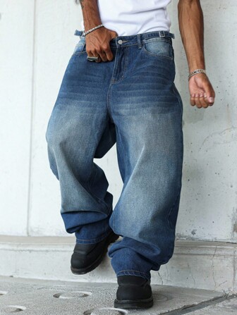 Manfinity Roghcode Pantalones vaqueros casuales versátiles y sencillos de pierna ancha con botones para hombres