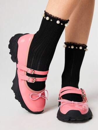 Goth Women's Bowknot Round Toe Chunky Sole Ballet Flats, PU Material, Pink Color With Buckle Design, Suitable For Sports, Graduation, Photography