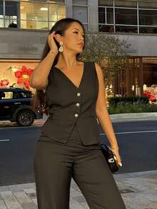 女士优雅无袖上衣和裤子套装，商务通勤风格，秋季女教师装 - 黑色 - 查看 4