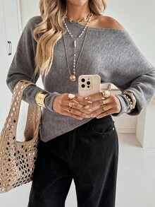Siren Gaze Women's Elegant Gray Autumn Off-Shoulder Asymmetrical Ruched Knit Sweater,Wool Long Sleeve Fitted Pullover Top For Date,Office,Minimalist Old Money - Grey - View 3