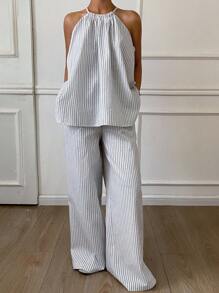 DAZY Women's Casual Striped Halter Sleeveless Top And Wide Leg Maxi Pants 2 Pieces Set - White - View 3