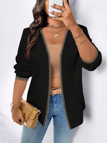 EMERY ROSE 大码女式休闲百搭装饰链条西装外套 - 黑色 - 查看 4
