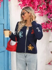 Vivid Eden Women's Navy Blue Floral 3D Decor Contrast Trim Embroidered Cardigan,Autumn Casual Vacation Holiday Crop Long Sleeve Colorblock Cardigan - Navy Blue - View 4