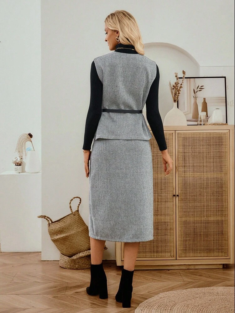 Women's Elegant Commuter Vest & Skirt 2 Pieces Set Tweed Two Piece Set Two Piece Set Women Skirt Work Dress For Office Fall Clothes For Women Office Outfits For Women Fall Outfits