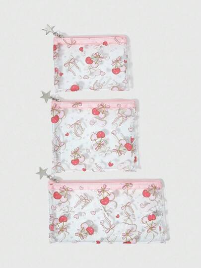 Kawaii 1 pieza Bolsa de cosméticos de moda con decoración de lazo y cereza transparente de PVC 1263600