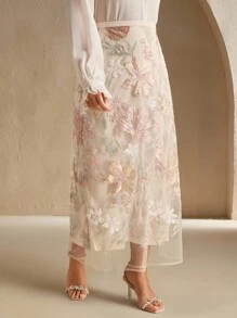 Anewsta 优雅时尚的串珠刺绣设计裙子，夏季 - 杏色 - 查看 4