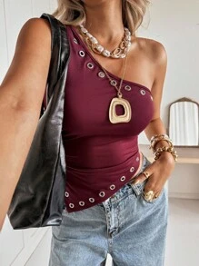 Siren Gaze New Wine Red Rivet Hollow One-Shoulder Top, Sleeveless Wrap Top, Y2K Decadent Style, Metal Top, Autumn Women's Clothing Christmas Summer Burgundy Casual Burgundy Valentine's Day - Burgundy - View 3