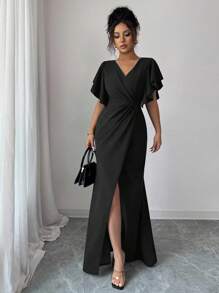 Elenzga Ruffled Sleeve V-Neck Waist Fitted Mermaid Hem Elegant Romantic Women Dress - Black - View 5