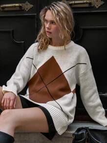 EURMUSE Women's Geometric Pattern Round Neck Drop Shoulder Long Sleeve Loose Casual Sweater,Jumper,Cream Jumper,Jumpers,Black Jumper,Womens Jumper,White Jumper,Women's Jumper,Women's Jumpers,Winter Clothes - Beige - View 7